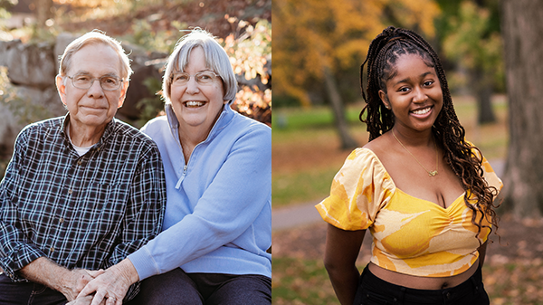 Judy Parker Stone ’68 and her husband, Bill (left); Kayla Samuel ’23 (right)